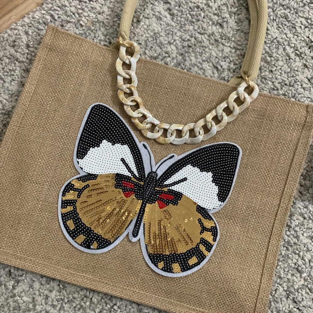 Brown jute tote butterfly